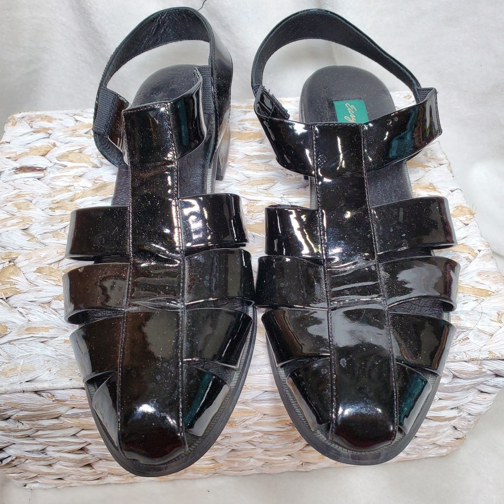 Easy Spirit Womens Strappy Sandals 9 B Slip On 1" Low Black Patent Sling Back